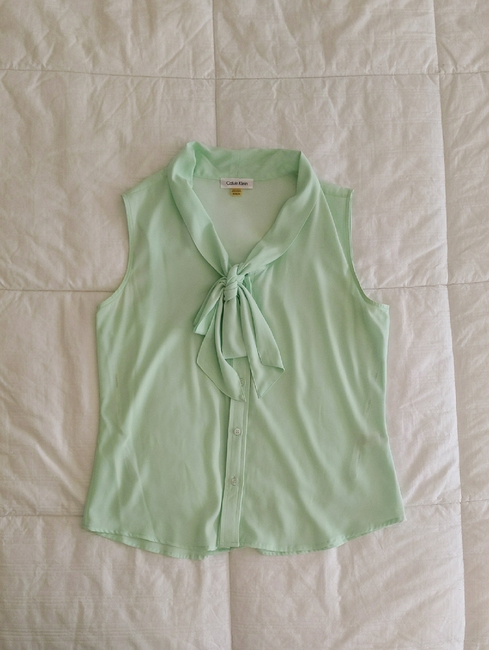 Calvin Klein Mint Green Tie Neck Sleeveless Blouse | M